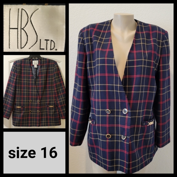 HBS LTD. Jackets & Blazers - navy red plaid boyfriend blazer 16
